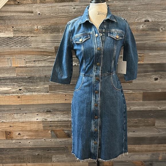 Etica Dresses & Skirts - NWT Etica Denim Snap Front 3/4 Sleeve Raw Hem Jordyn Trucker Jean Dress Size S